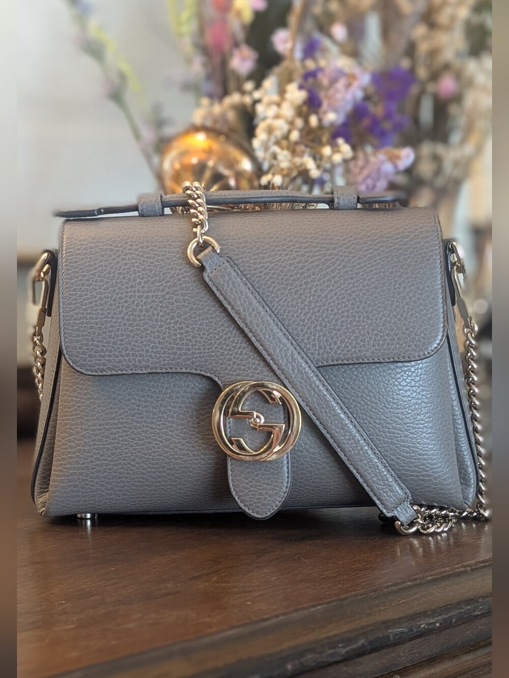 Gucci Grey Dollar Leather Interlocking G Top Handle Shoulder Bag w/ Strap